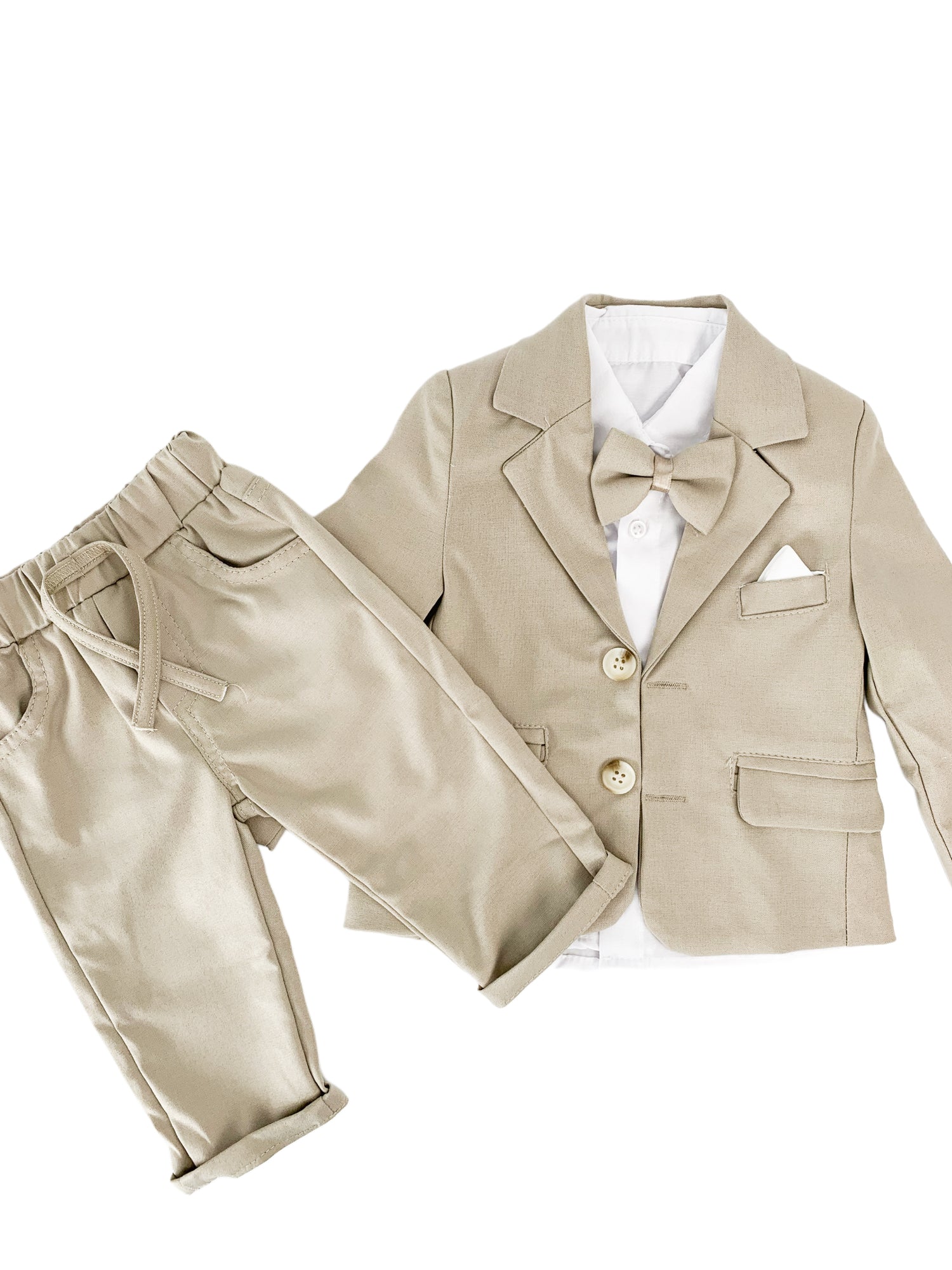 Set Complet Botez Baieti 4 Piese - Costum Bej cu Sacou, Pantaloni si Accesorii - Roberto