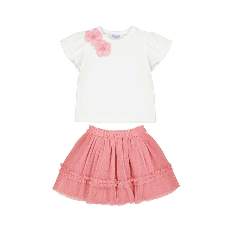 Set Vara Mayoral 2 Piese - Tricou Alb si Fustita cu Volane pentru Copii