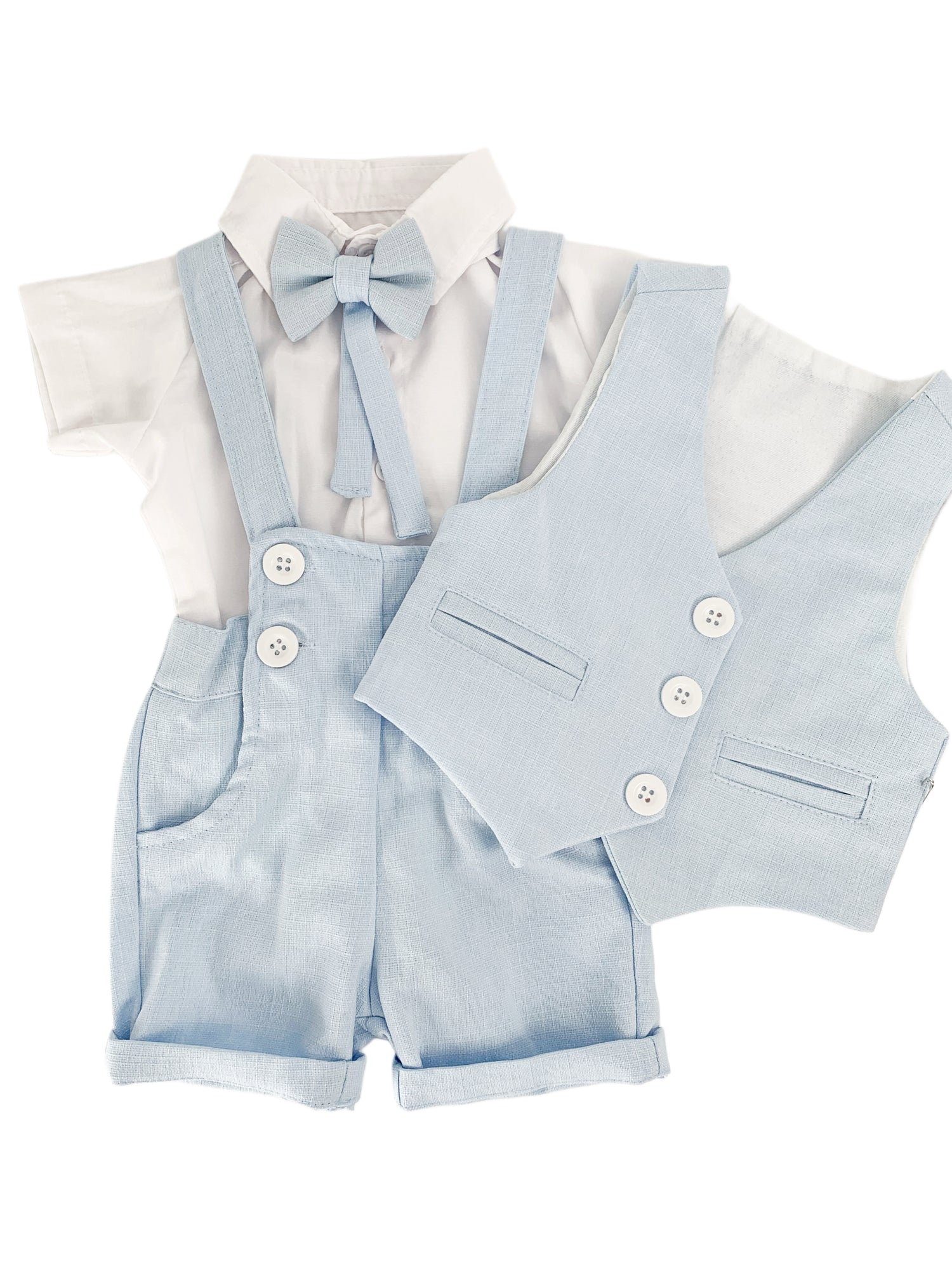 Set Complet Haine Bebelusi - Costum Bleu 4 Piese cu Pantaloni Scurti si Bretele - Rick