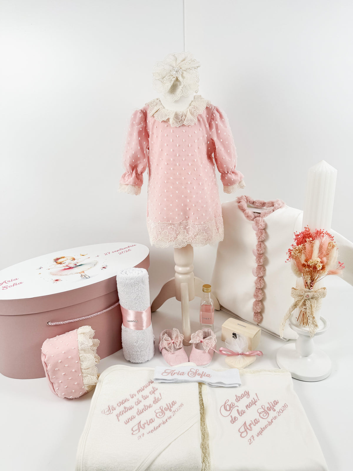 Set botez personalizat cu rochita, trusou complet si lumanare personalizata manual - Floricica
