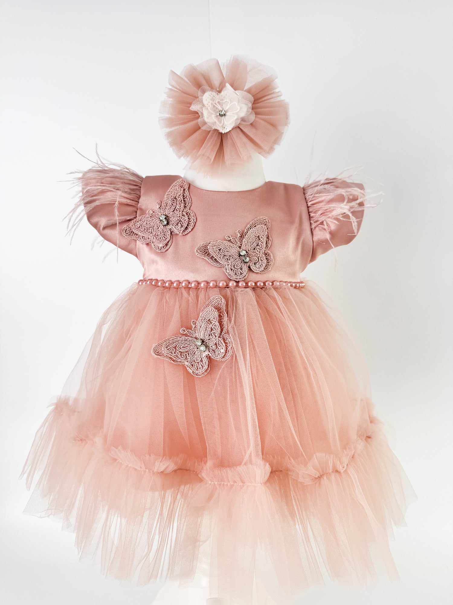 Set elegant pentru bebelusi cu rochita, bolero, bentita si turban - Eduarda