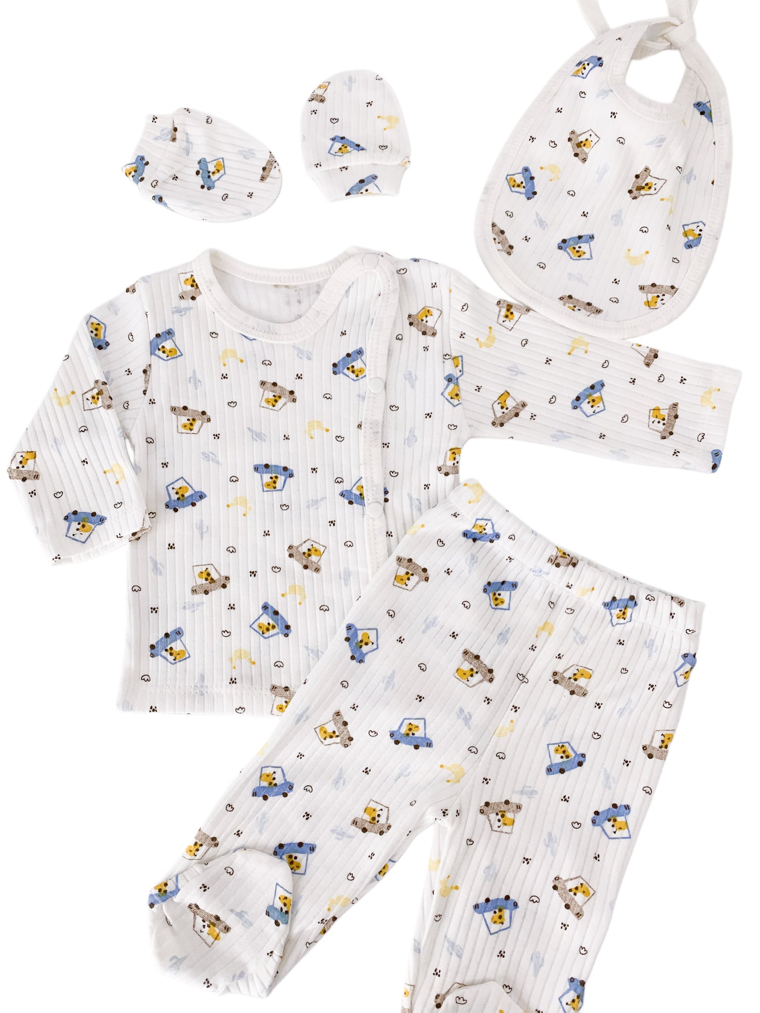 Set salopeta alba baiat cu masinute - 4 piese