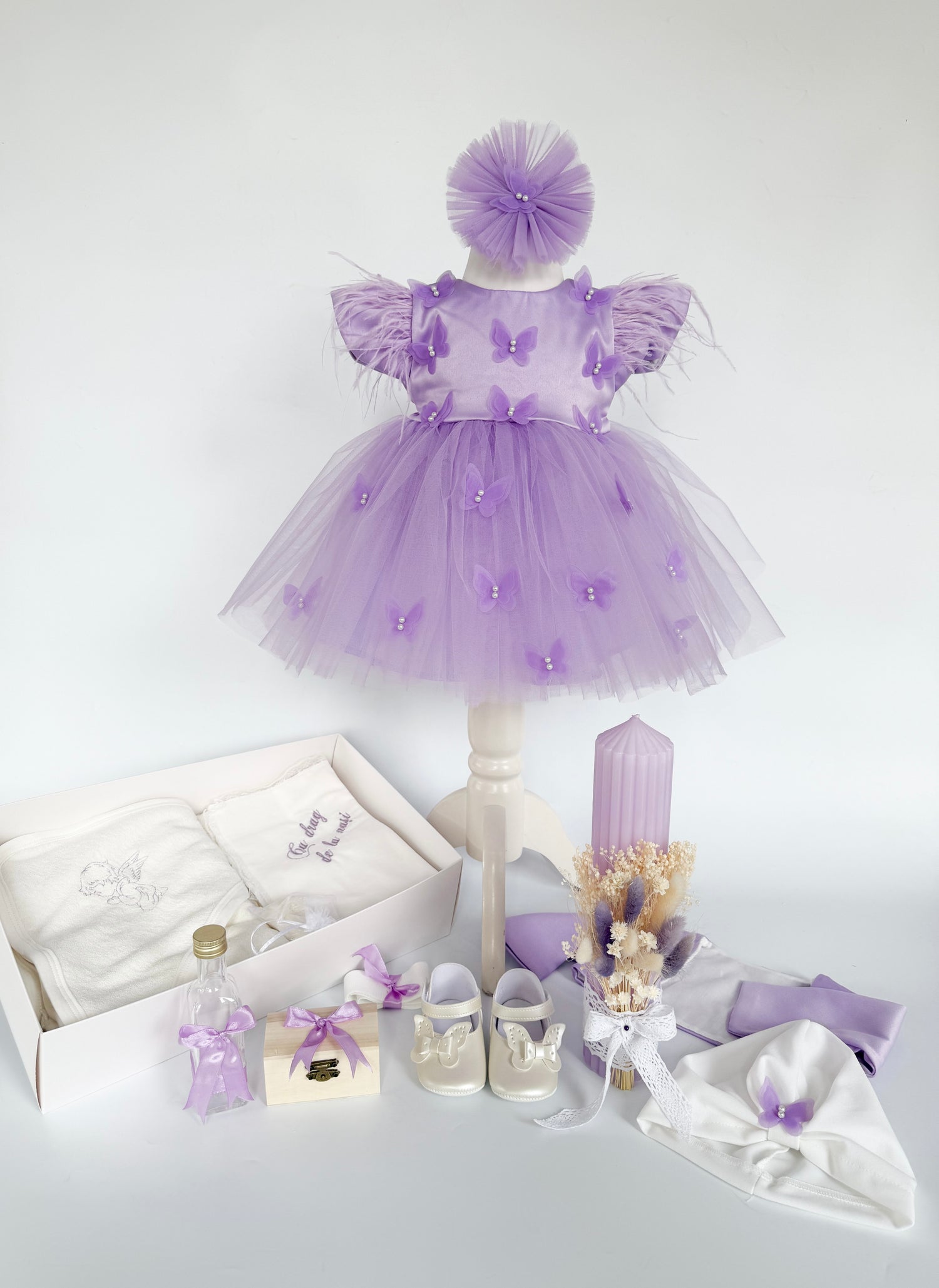 Trusou Botez Personalizat cu Lumanare Lila si Flori  - Roxy