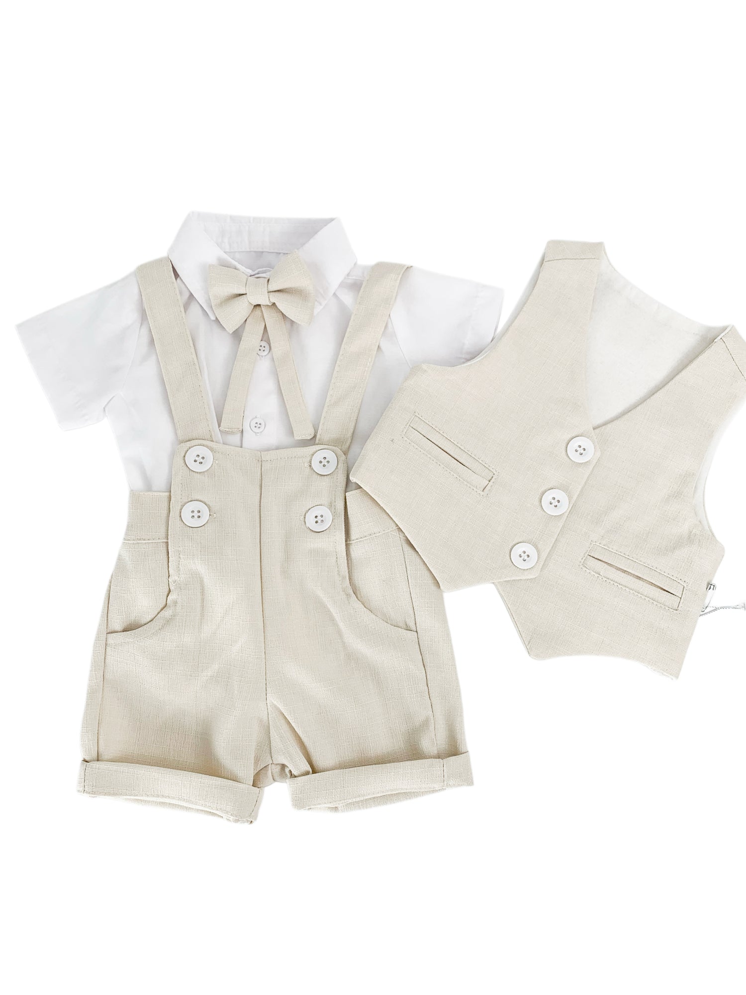 Set Complet Botez Baieti - Costum Bej 4 Piese cu Pantaloni Scurti si Bretele - Dario