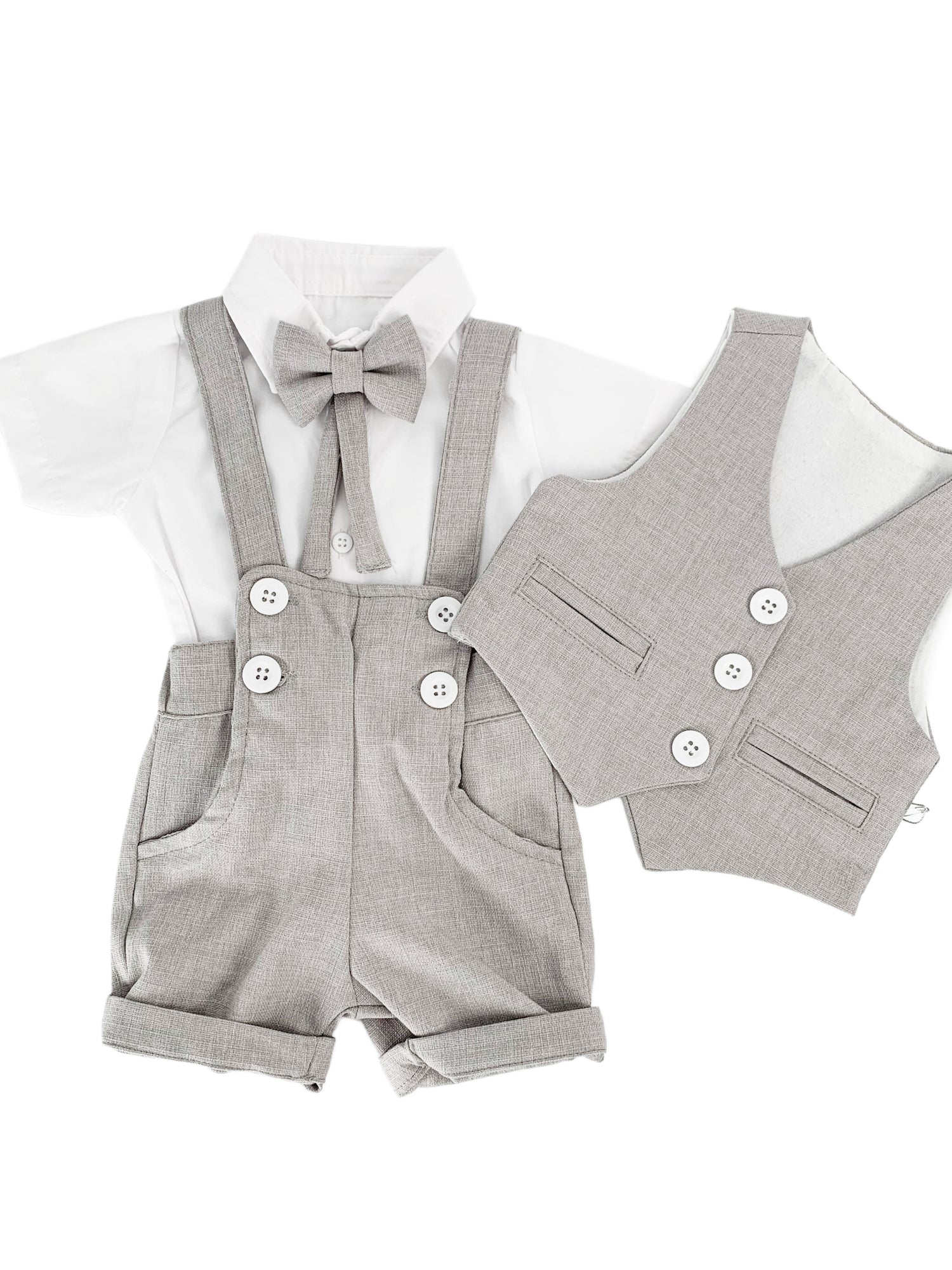 Set Complet Haine Bebelusi - Costum 4 Piese cu Pantaloni Scurti si Bretele - Aaron