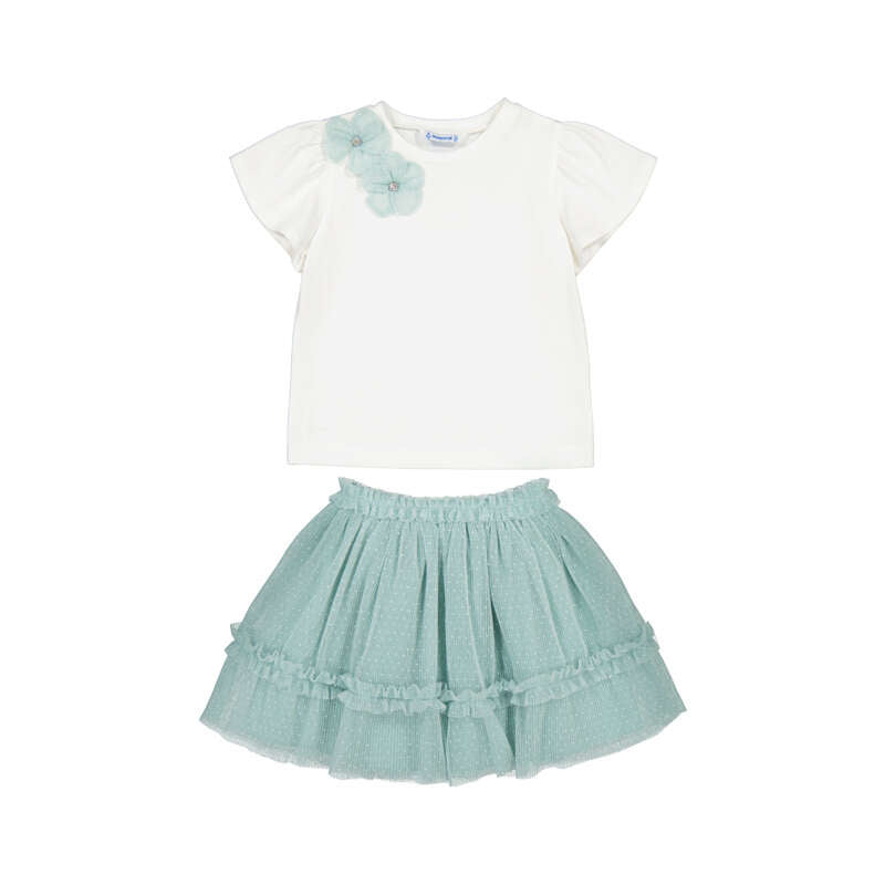 Set Vara Mayoral 2 Piese - Tricou Alb Aplicatii Florale si Fustita Verde pentru Copii