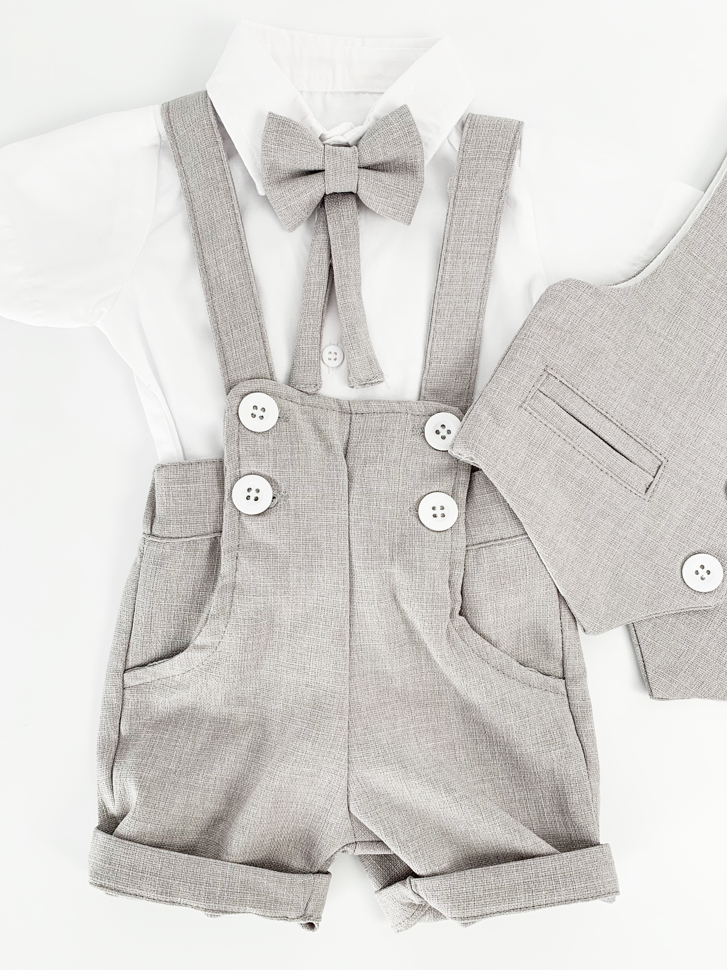 Set Complet Haine Bebelusi - Costum 4 Piese cu Pantaloni Scurti si Bretele - Aaron