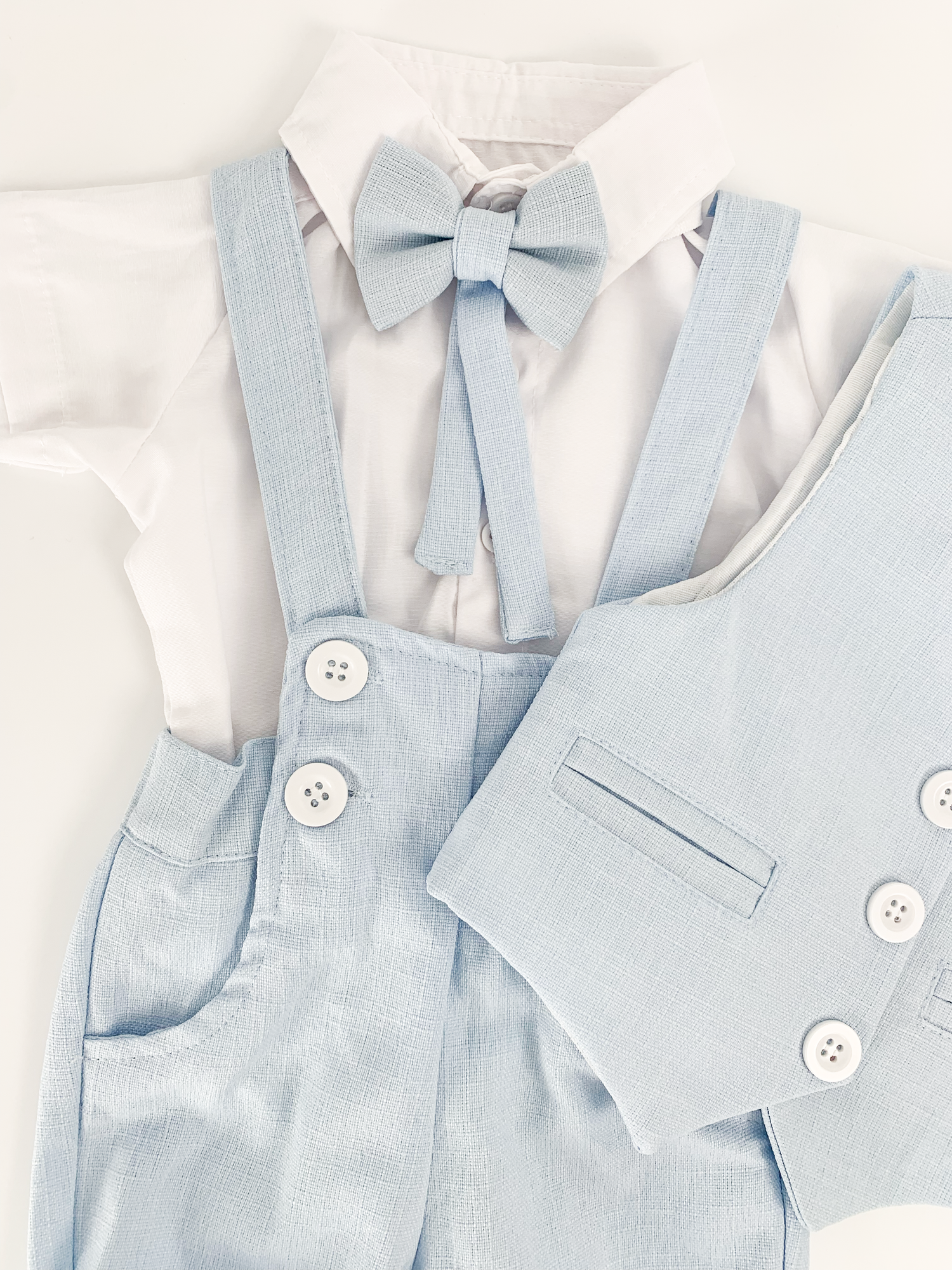 Set Complet Haine Bebelusi - Costum Bleu 4 Piese cu Pantaloni Scurti si Bretele - Rick
