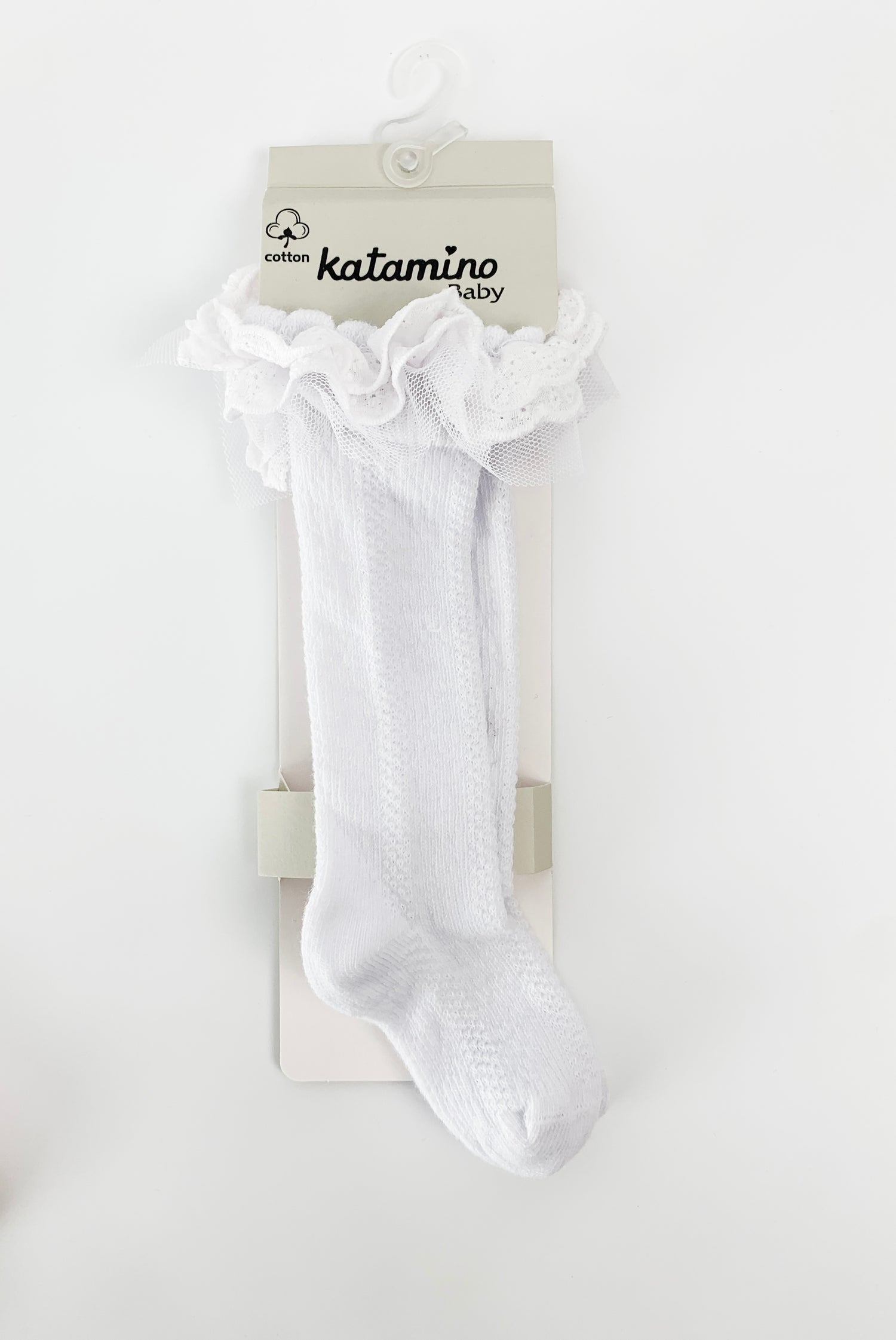 Sosete Bebelusi Lungi Albe - Model Elastic cu Volanas Stratificat