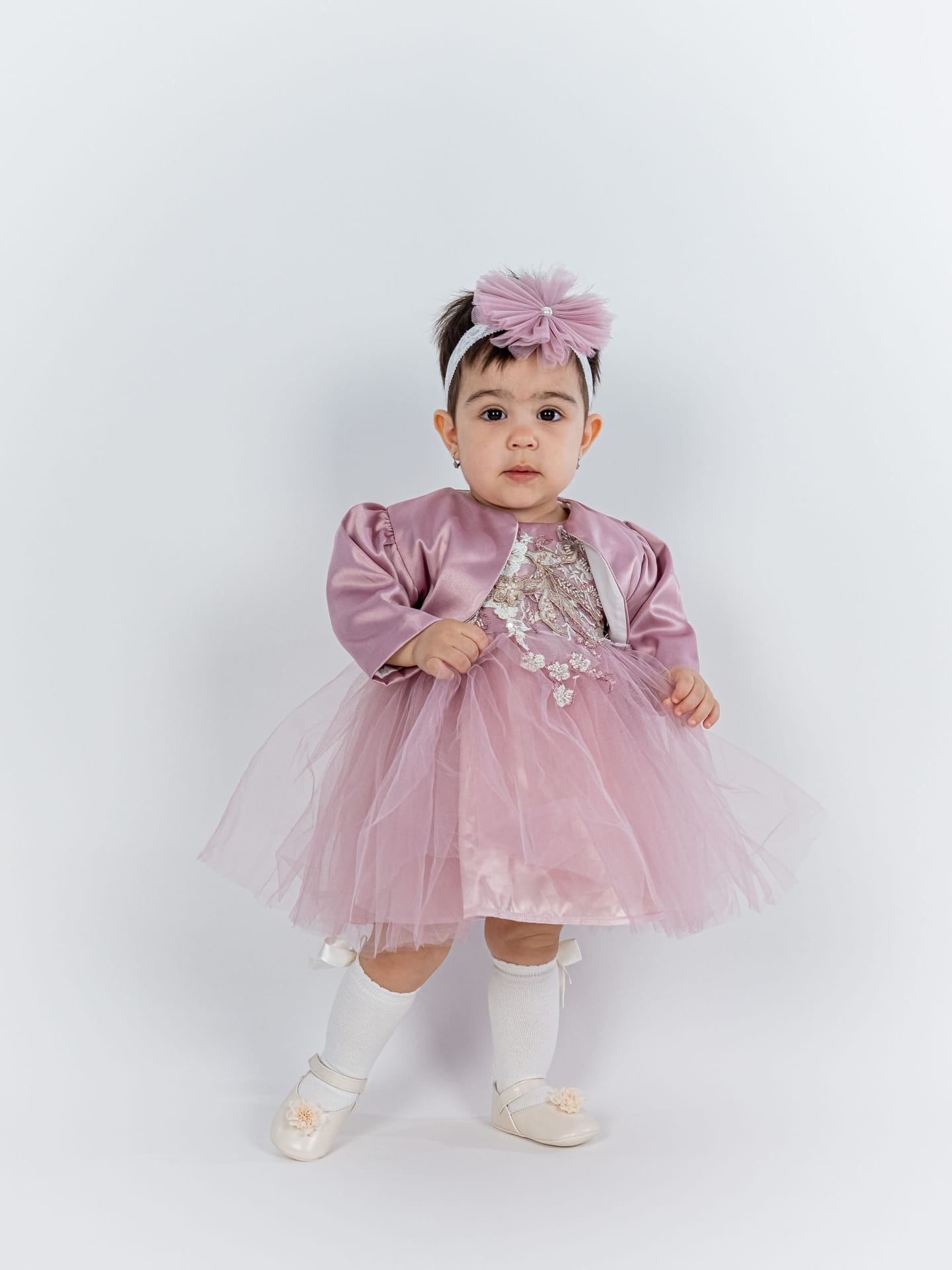 Set Botez 2 Piese - Rochita Roz din Tul cu Broderie si Bentita - Malvina