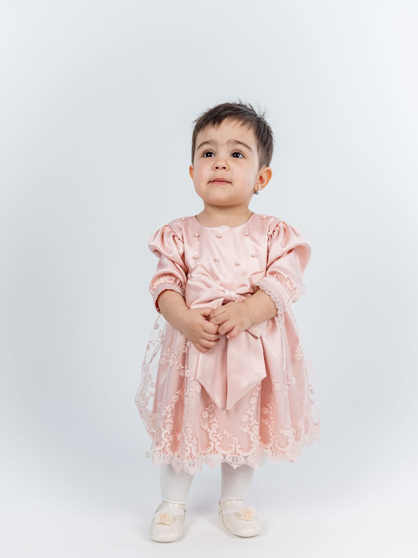 Rochita Eleganta Botez Roz - Model cu Perle, Dantela si Funda Satin - Ivona