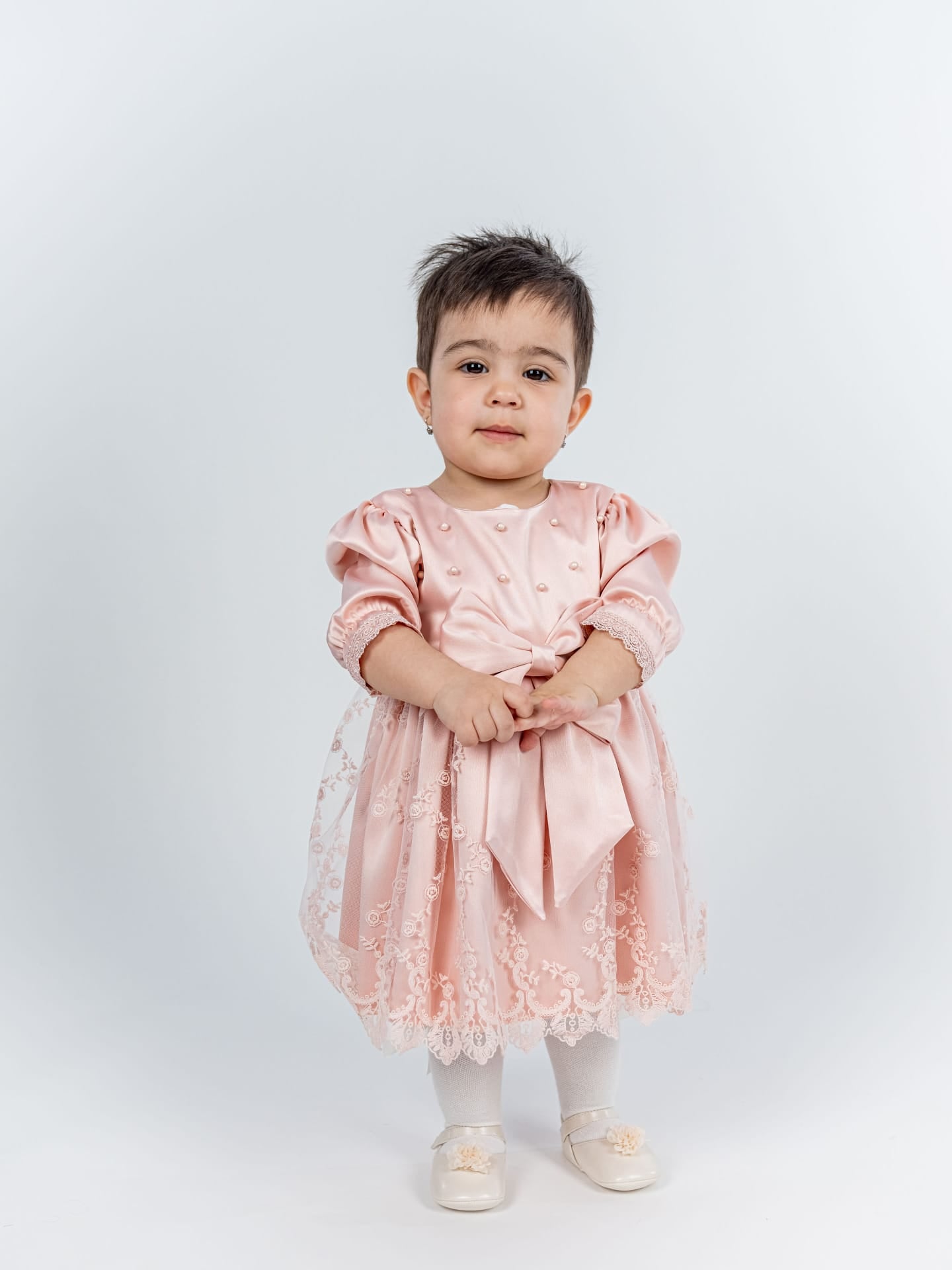 Rochita Eleganta Botez Roz - Model cu Perle, Dantela si Funda Satin - Ivona