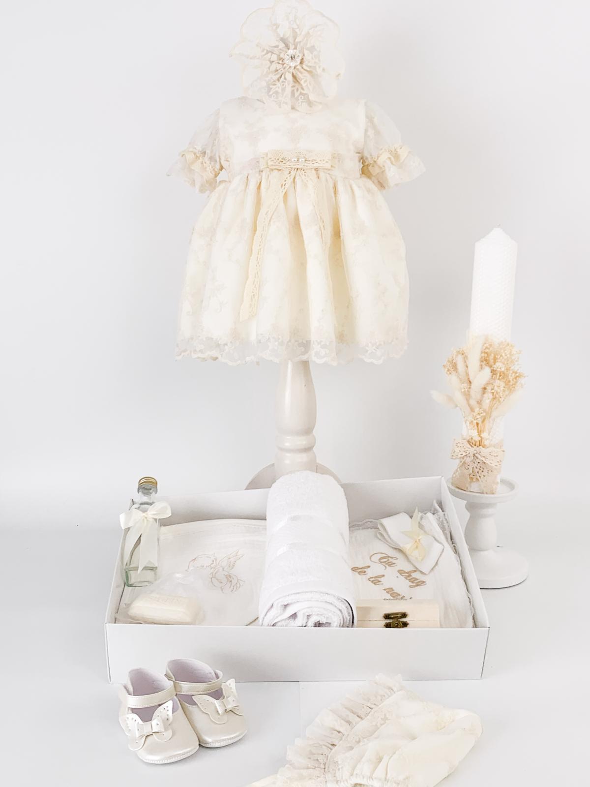 Set botez personalizat cu rochita, trusou complet si lumanare ceara naturala - Sena