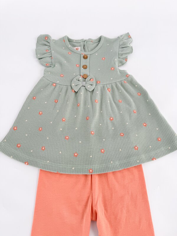 Compleu fetita cu floricele - verde cu portocaliu