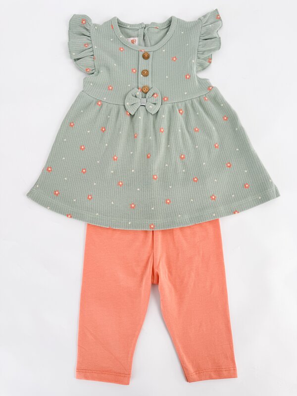 Compleu fetita cu floricele - verde cu portocaliu