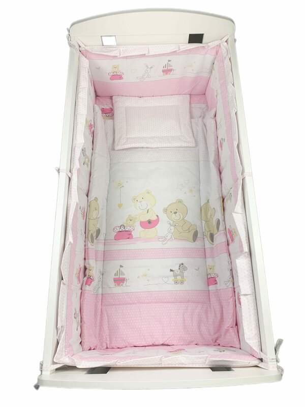 Lenjerie patut roz cu ursuleț ,bărcuță si iepuraș