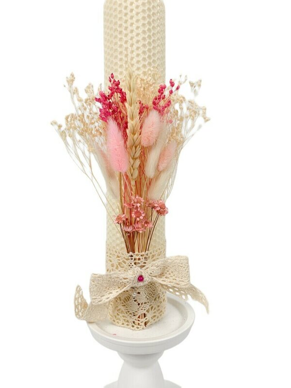 Lumanare botez ceara naturala- alba- cu flori uscate colorate