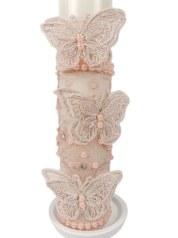 Lumanare botez din dantela roz cu fluturi si perle