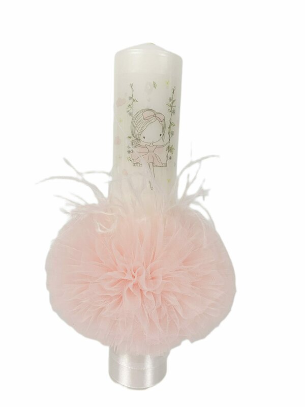 Lumanare botez roz cu fetita in leagăn