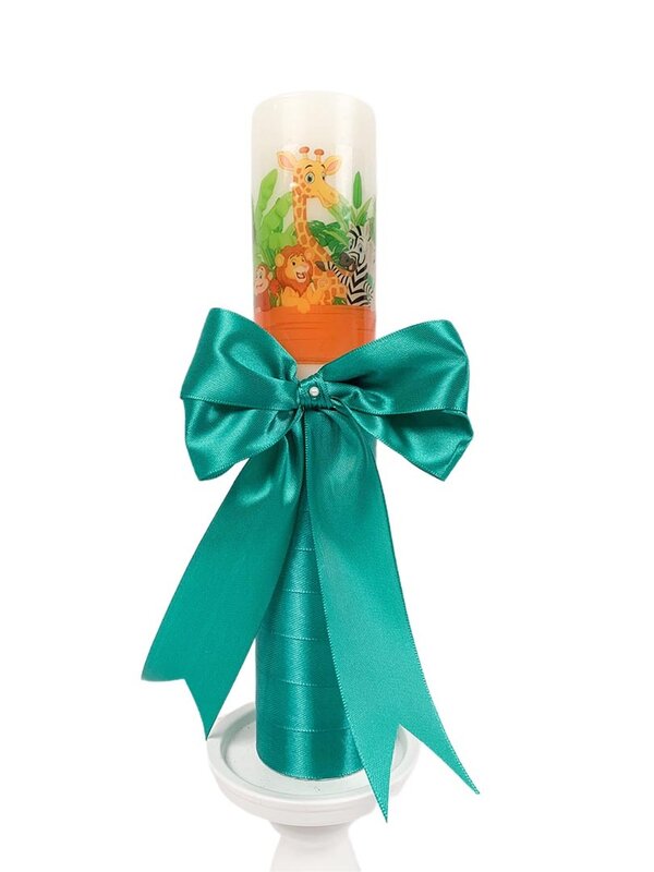 Lumanare de botez cu fundita verde si animalute