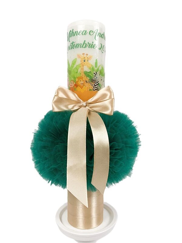 Lumanare de botez cu tul verde si animalute