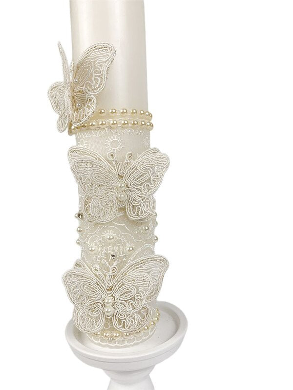 Lumanare pentru botez cu dantela si fluturi crem