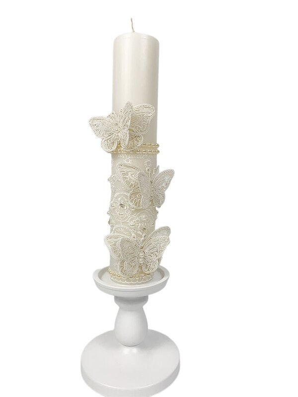 Lumanare pentru botez cu dantela si fluturi crem