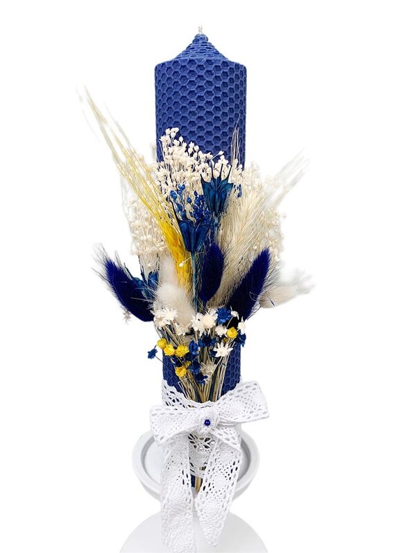 Lumanare pentru botez din ceara naturala ,culoare bleomarin