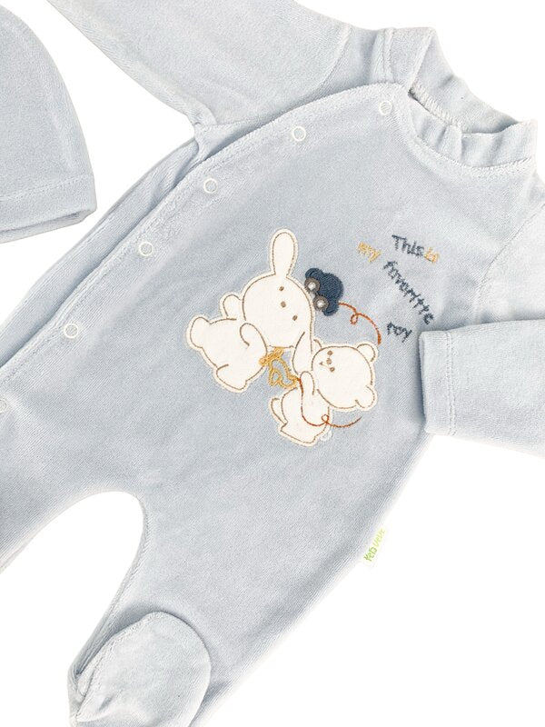 Salopeta albastra pufoasa baiat cu ursulet si iepuras