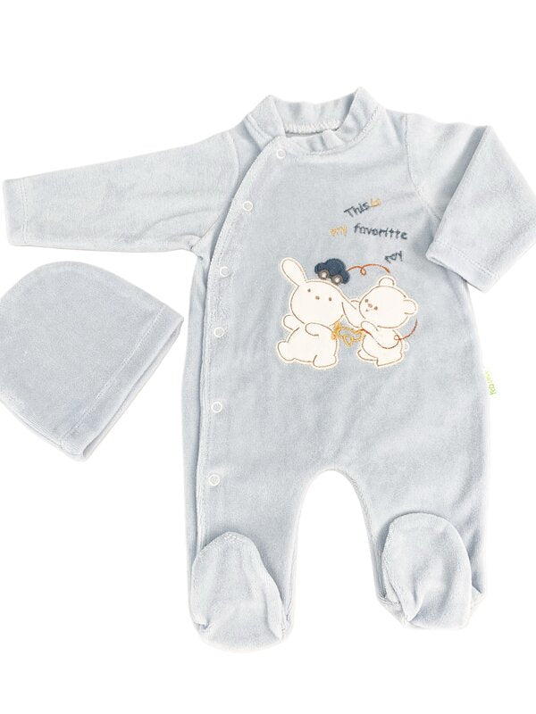 Salopeta albastra pufoasa baiat cu ursulet si iepuras