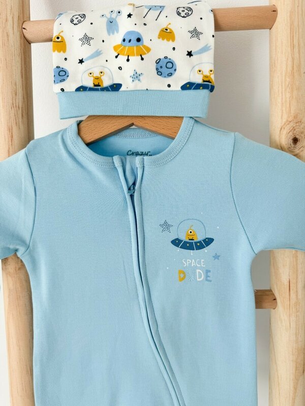 Salopeta bumbac albastru cu OZN