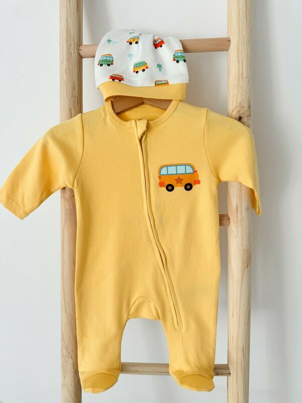 Salopeta bumbac galben cu masinuta