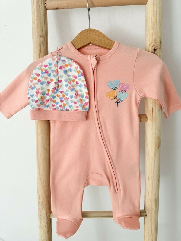 Salopeta bumbac roz piersica cu inimioare