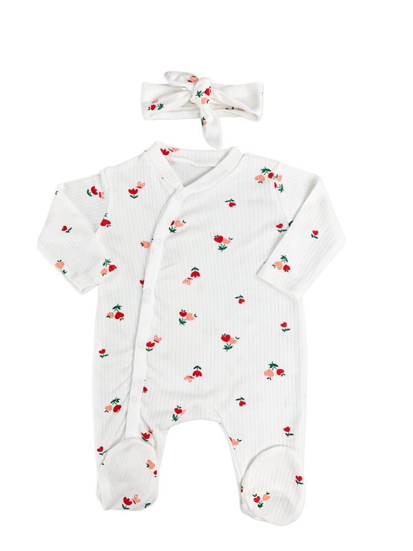 Salopeta fetite alba cu flori si bentita - 2 piese