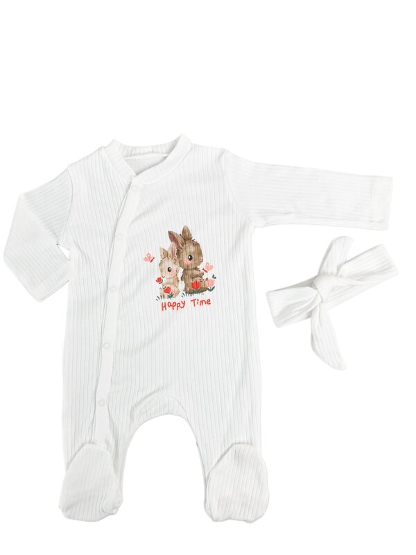 Salopeta fetite alba cu iepuras - 2 piese