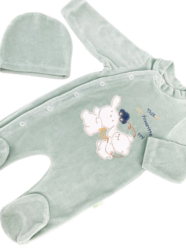 Salopeta verde pufoasa baiat cu ursulet si iepuras