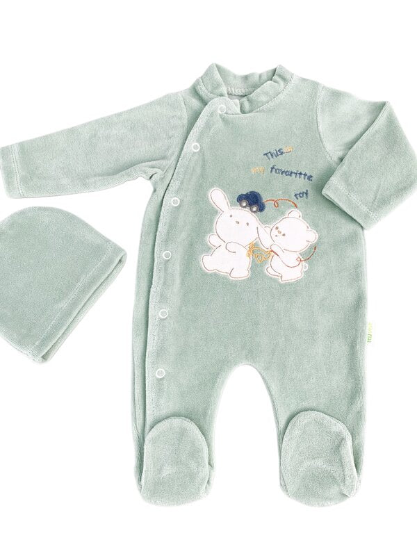 Salopeta verde pufoasa baiat cu ursulet si iepuras