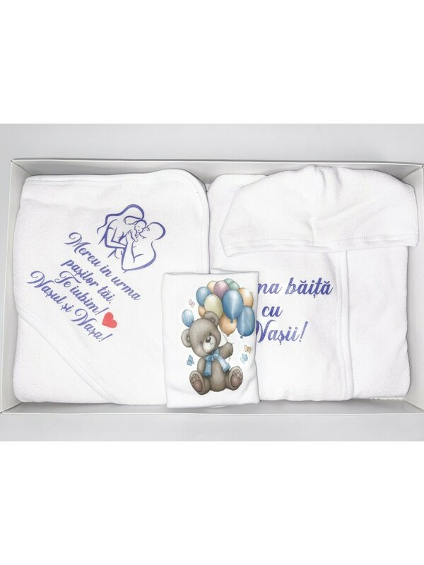 Set baie baiat albastru personalizat ursulet cu baloane