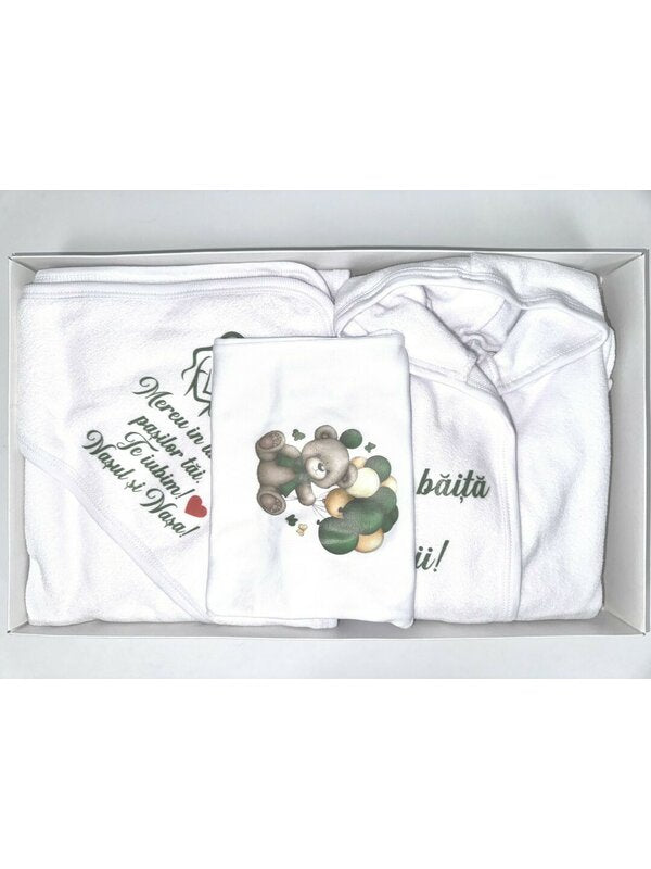 Set baie baiat verde personalizat ursulet cu baloane