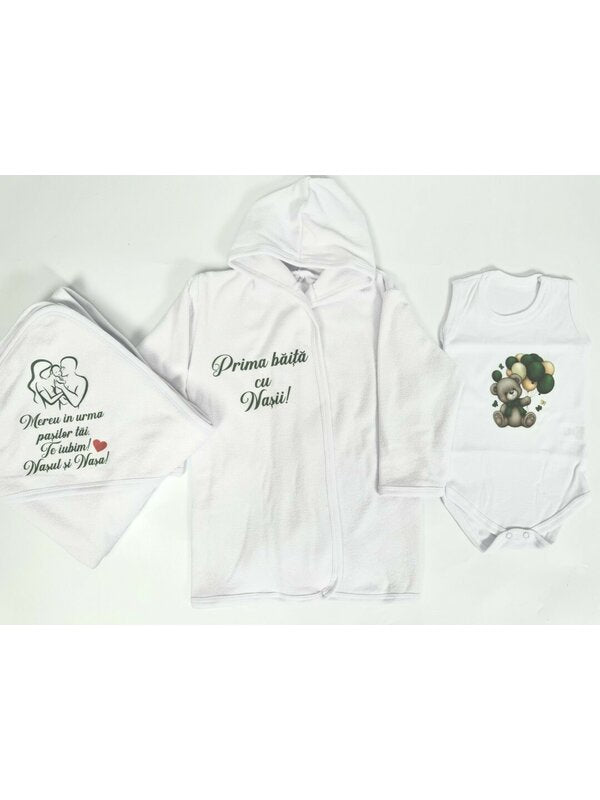 Set baie baiat verde personalizat ursulet cu baloane