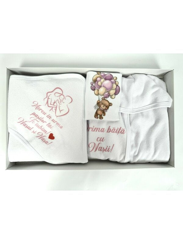 Set baie fetita mov personalizat ursulet cu baloane