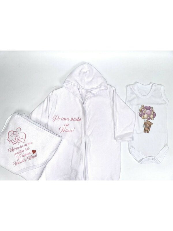 Set baie fetita mov personalizat ursulet cu baloane