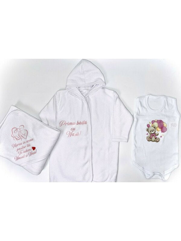 Set baie fetita roz personalizat ursulet cu baloane