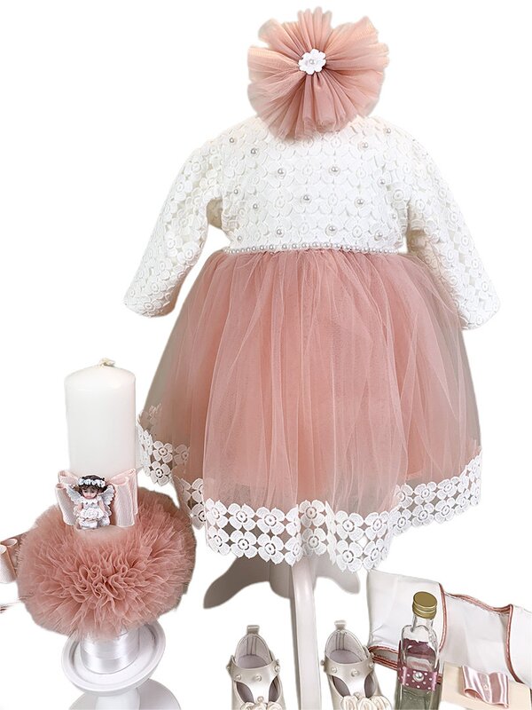 Set botez complet fetita Aida, lumanare cu ingeras, trusou 7 piese , balerini, rochie botez, cufar cu dantela