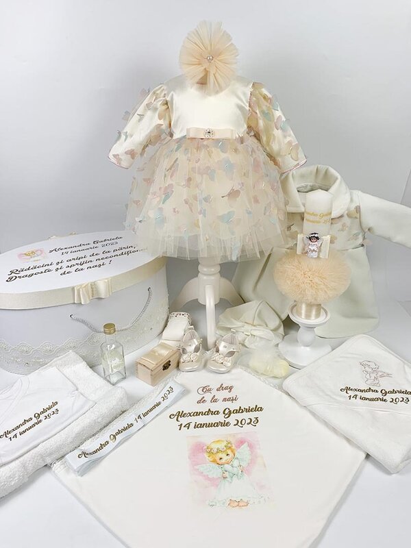 Set botez fetita fluturi colorați si ingeras roz