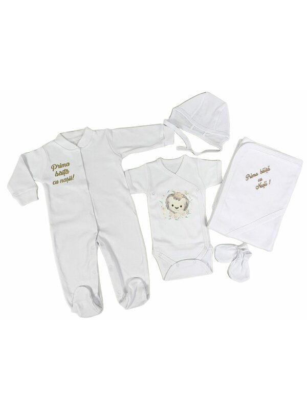 Set de baie pentru bebelusi cu 5 piese, personalizat cu mesaj-“Prima baita cu nașii”- Leu