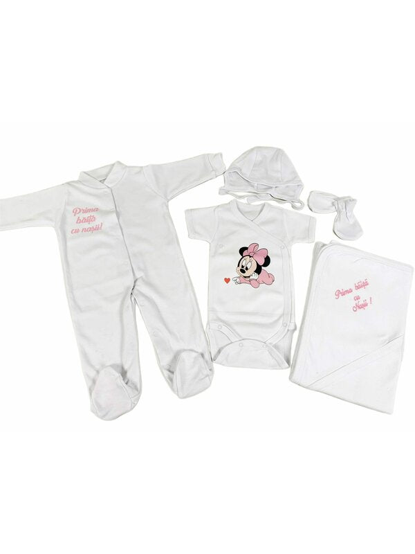 Set de baie pentru bebelusi cu 5 piese, personalizat cu mesaj ,,Prima baita cu nașii” -Minne roz