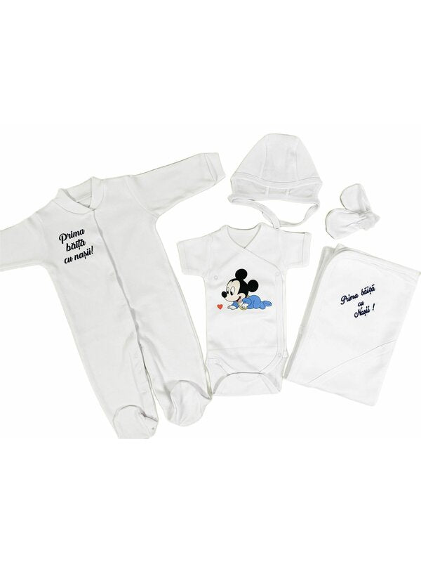 Set de baie pentru bebelusi cu 5 piese,-”Prima baita cu nașii”, personalizat cu Mickey Mouse
