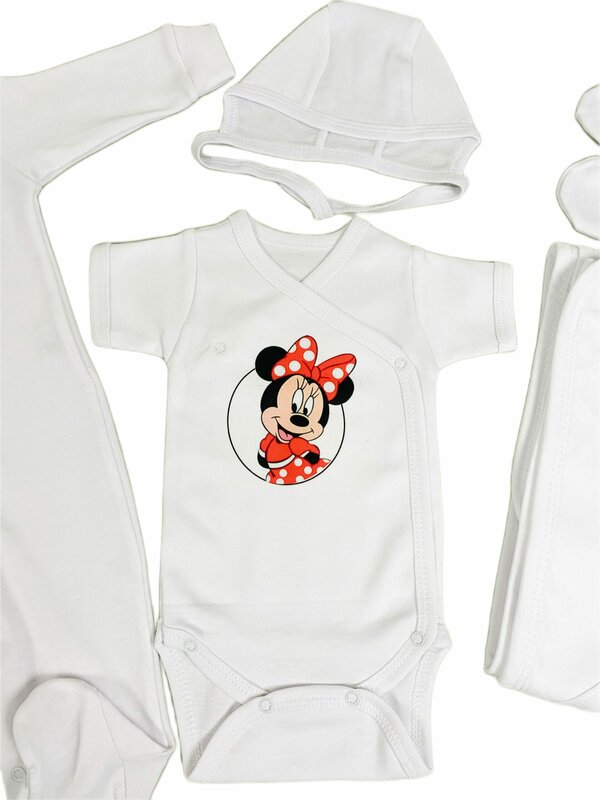 Set de baie pentru bebelusi cu 5 piese,personalizat cu mesaj -“Prima baita cu nașii”-Minnie Mouse, rosu