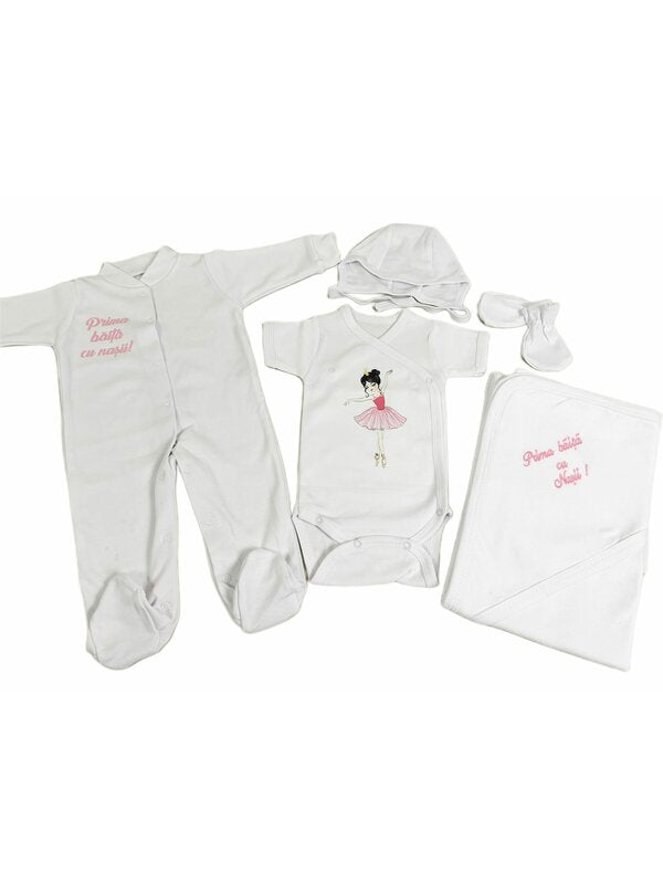 Set de baie pentru bebelusi ,personalizat cu mesaj“Prima baita cu nașii”- Balerina roz
